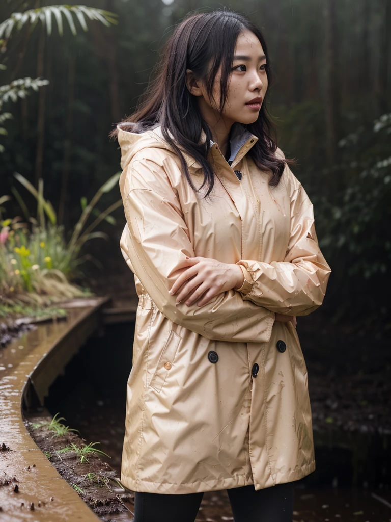 a beautiful young asian woman wearing a pink buttoned raincoat, her clothes and raincoat covered in mud, walking through a muddy field, (best quality,4k,8k,highres,masterpiece:1.2),ultra-detailed,(realistic,photorealistic,photo-realistic:1.37),HDR,UHD,studio lighting,ultra-fine painting,sharp focus,physically-based rendering,extreme detail description,professional,vivid colors,bokeh,portrait,realistic,photographic,natural lighting,muddy environment,rainy day