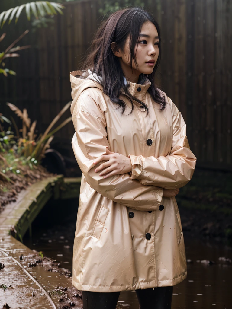 a beautiful young asian woman wearing a pink buttoned raincoat, her clothes and raincoat covered in mud, walking through a muddy field, (best quality,4k,8k,highres,masterpiece:1.2),ultra-detailed,(realistic,photorealistic,photo-realistic:1.37),HDR,UHD,studio lighting,ultra-fine painting,sharp focus,physically-based rendering,extreme detail description,professional,vivid colors,bokeh,portrait,realistic,photographic,natural lighting,muddy environment,rainy day