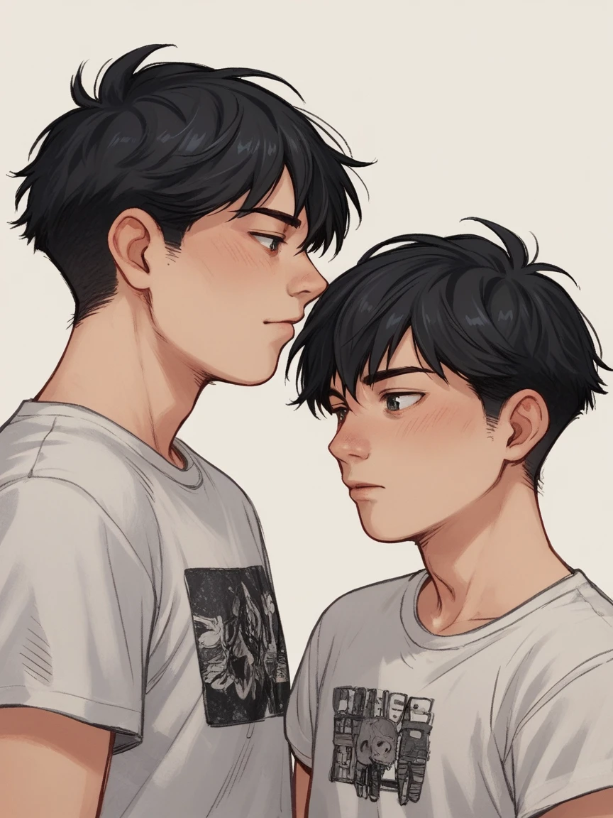 score_9, score_8_up, score_7_up, score_6_up, score_5_up, score_4_up, wh33z13, 2 ??? boys, twins, white skin, dark black hair and eyes, simple background, kiding esch other, close shot frame