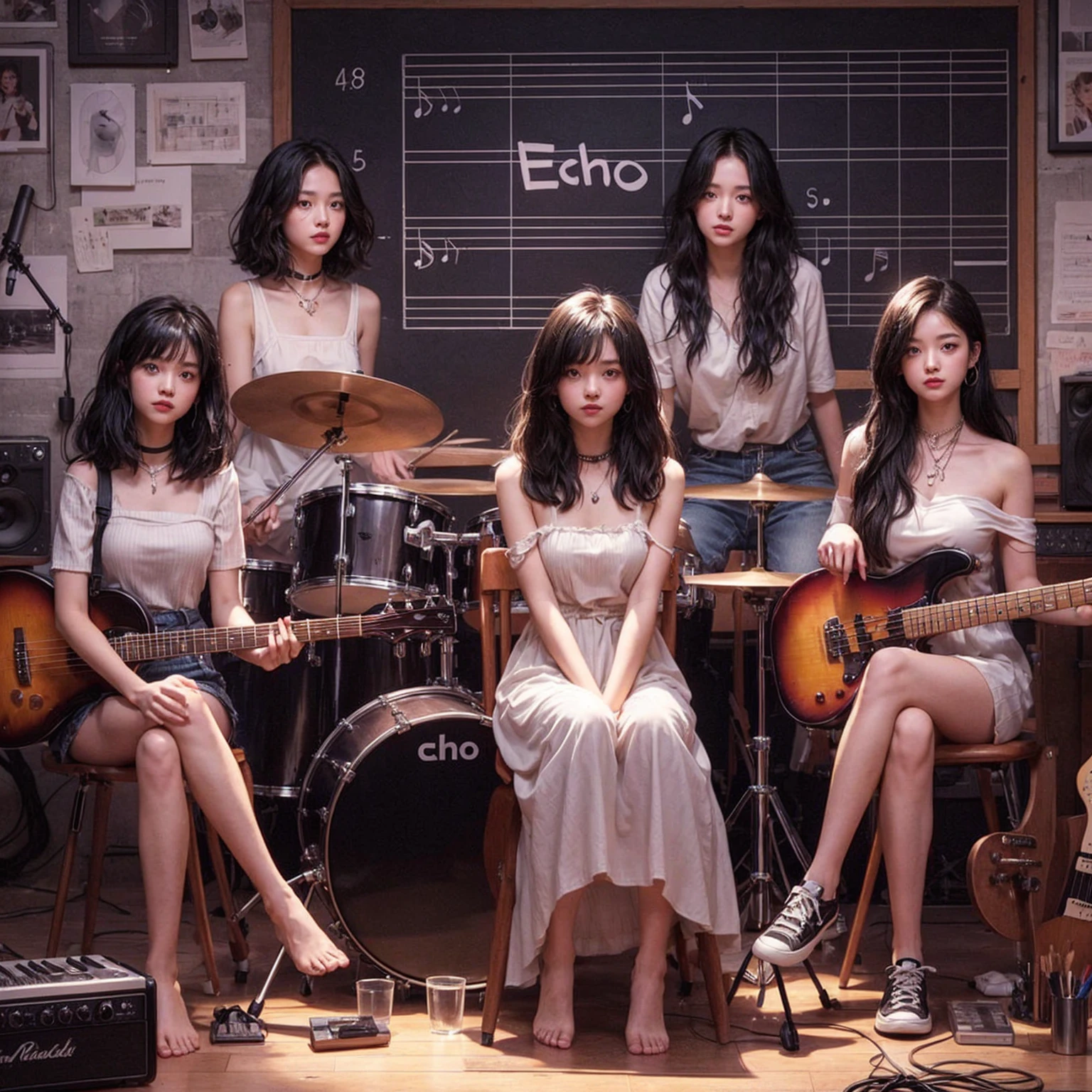 **Photo of 5 beautiful girls, aged 18 to 20, sitting:**

- **3 girls with messy black hair**
- **1 girl with wavy bob black hair**
- **1 girl with a black ponytail**

One girl is playing the drums, one girl is playing the piano, one girl is playing the bass guitar, one girl is playing the guitar, and one girl is singing. They are sitting behind a board with the word "ECHO" written on it. The background is a music studio, complete with drums, guitars, bass guitar, and piano. The image is ultra HD, 4k, photorealistic, raw, and a masterpiece.