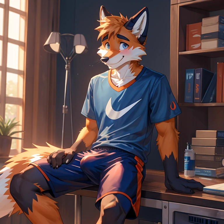 Furry fox, Nike, shiny satin basketball shorts, erection under clothing, shy, precum leaking through shorts, akward smile, age, compression shorts, navy blue shirt orange shorts, tenting bulge