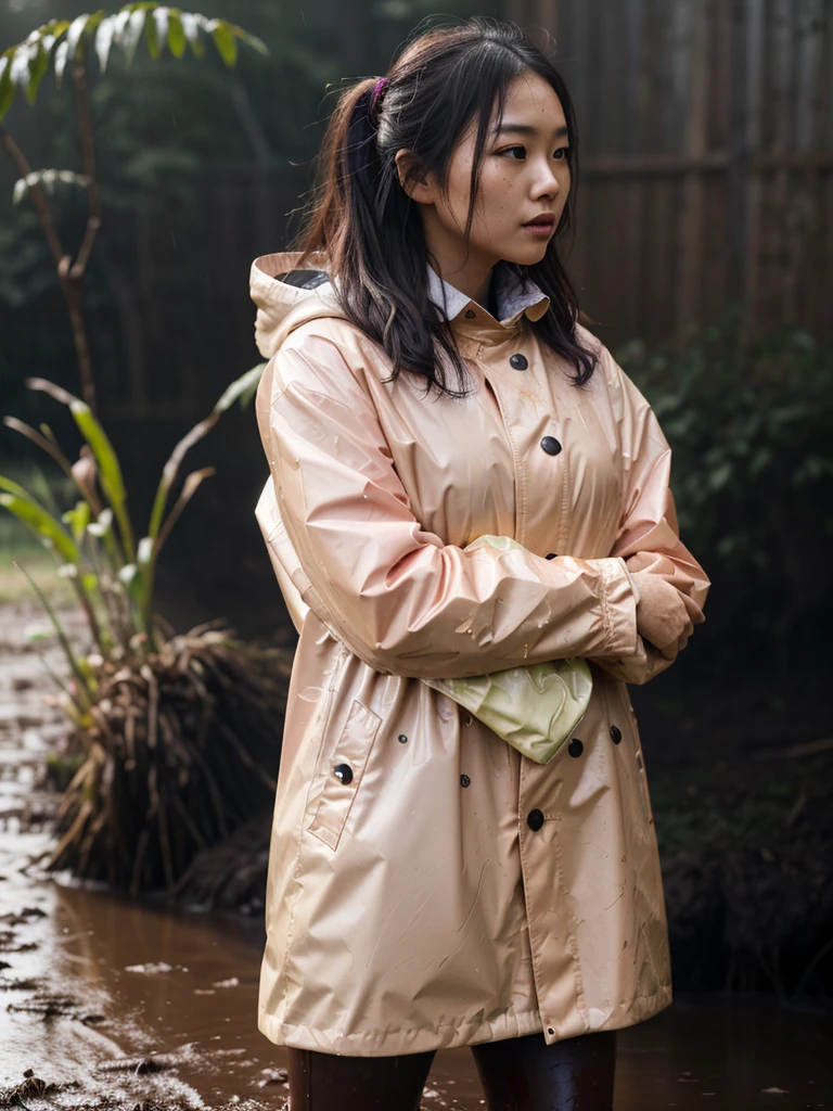 a beautiful young asian woman wearing a pink buttoned raincoat, her clothes and raincoat covered in mud, walking through a muddy field, (best quality,4k,8k,highres,masterpiece:1.2),ultra-detailed,(realistic,photorealistic,photo-realistic:1.37),HDR,UHD,studio lighting,ultra-fine painting,sharp focus,physically-based rendering,extreme detail description,professional,vivid colors,bokeh,portrait,realistic,photographic,natural lighting,muddy environment,rainy day