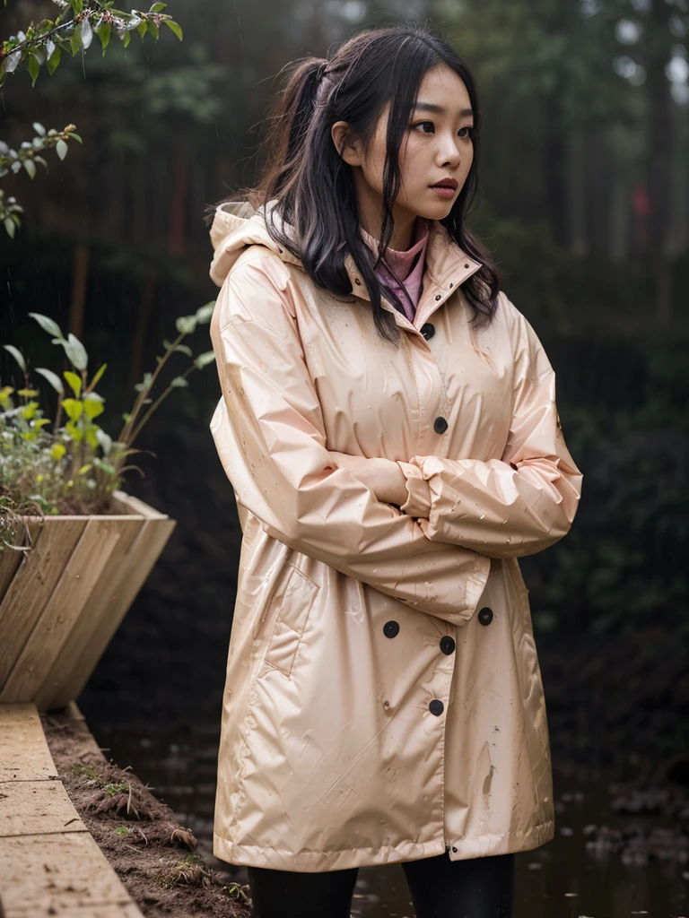 a beautiful young asian woman wearing a pink buttoned raincoat, her clothes and raincoat covered in mud, walking through a muddy field, (best quality,4k,8k,highres,masterpiece:1.2),ultra-detailed,(realistic,photorealistic,photo-realistic:1.37),HDR,UHD,studio lighting,ultra-fine painting,sharp focus,physically-based rendering,extreme detail description,professional,vivid colors,bokeh,portrait,realistic,photographic,natural lighting,muddy environment,rainy day