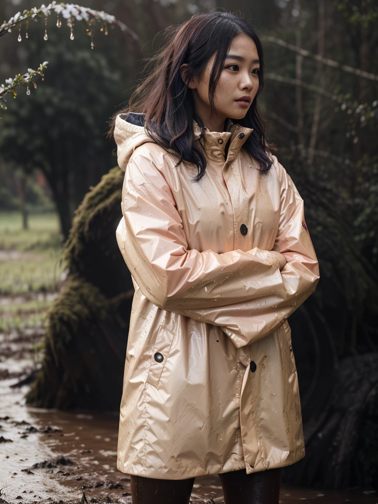 a beautiful young asian woman wearing a pink buttoned raincoat, her clothes and raincoat covered in mud, walking through a muddy field, (best quality,4k,8k,highres,masterpiece:1.2),ultra-detailed,(realistic,photorealistic,photo-realistic:1.37),HDR,UHD,studio lighting,ultra-fine painting,sharp focus,physically-based rendering,extreme detail description,professional,vivid colors,bokeh,portrait,realistic,photographic,natural lighting,muddy environment,rainy day