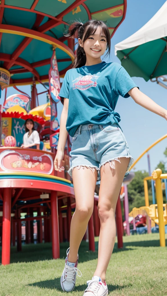 Photorealistic, high-quality 32k photo of a beautiful Japanese girl in a cute and casual outfit, with detailed eyes and an excited smile, enjoying a day at an amusement park. She’s wearing a comfortable tee and shorts with canvas shoes, her hair tied in a playful ponytail. The image captures her full body with colorful rides and attractions in the background, focusing on her joyous expression and the fun-filled park atmosphere, Two Women
