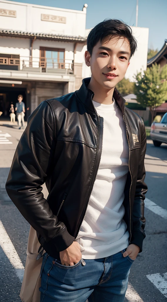 Masterpiece, best quality best, 1 young man, Asian man, East Asian people, one person, The muscles are in good proportion., Posing obscenely, short hair details，smile, white teeth, jacket set, road background, Realistic style，photography，Can be seen from the front, see viewers