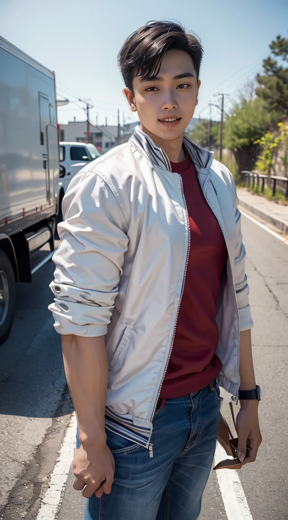 Masterpiece, best quality best, 1 young man, Asian man, East Asian people, one person, The muscles are in good proportion., Posing obscenely, short hair details,smile, white teeth, jacket set, road background, Realistic style,photography,Can be seen from the front, see viewers