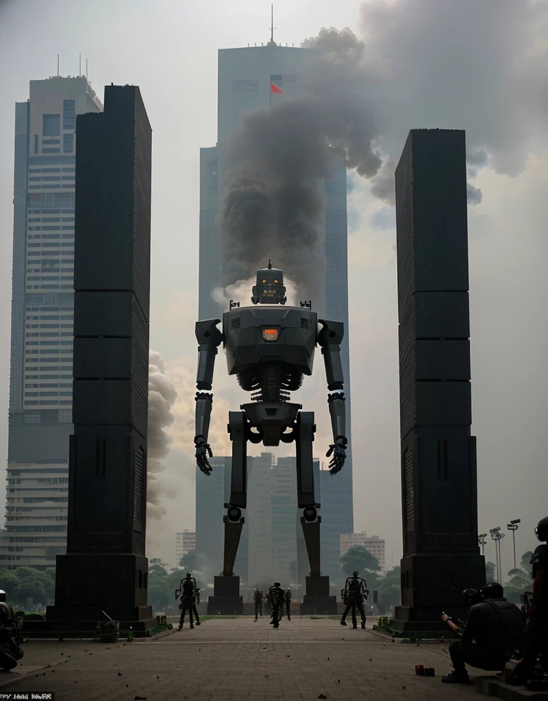 several robots in the form of human skeletons resembling terminators carrying firearms were seen attacking the city with gunfire, the background was the Jakarta Monas Monument and the ruins of the city, the atmosphere was tense, thick smoke enveloped