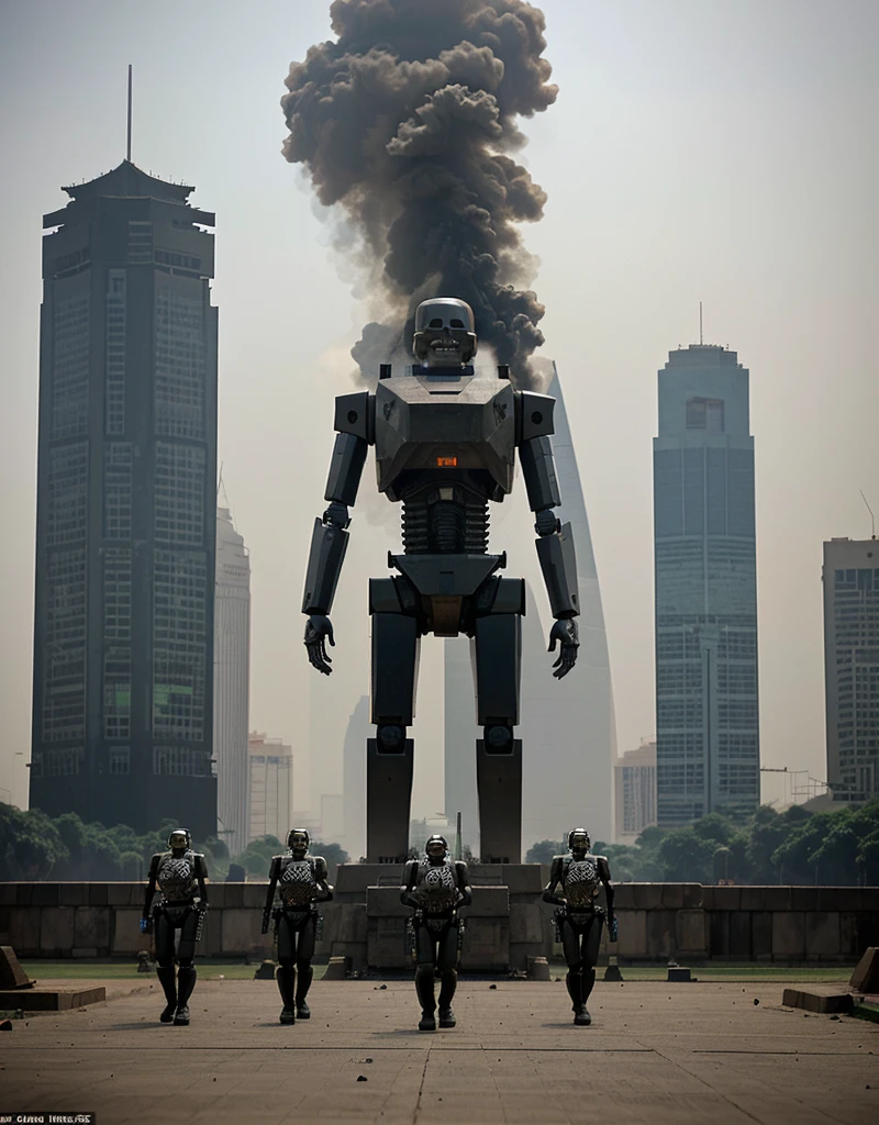 several robots in the form of human skeletons resembling terminators carrying firearms were seen attacking the city with gunfire, the background was the Jakarta Monas Monument and the ruins of the city, the atmosphere was tense, thick smoke enveloped