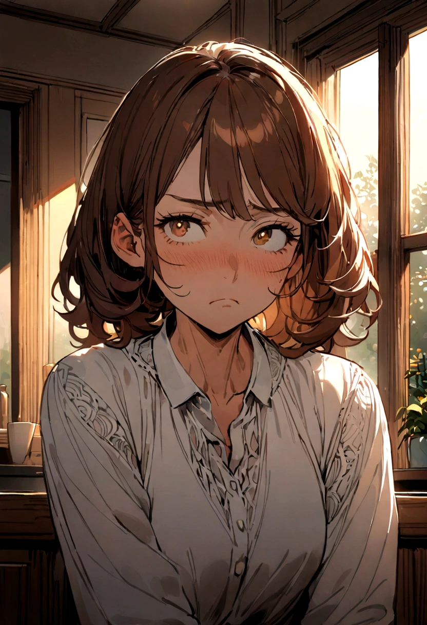 Detailed portrait of a middle-aged woman who looks like an aunt, with long brown hair, stern expression, white bought shirt, (high quality), super detailed, morning, detailed face and hands , expressive eyes, sharp focus, complex wrinkles, frown lines, strong gaze, dignified posture, homely setting, interior scene, natural light