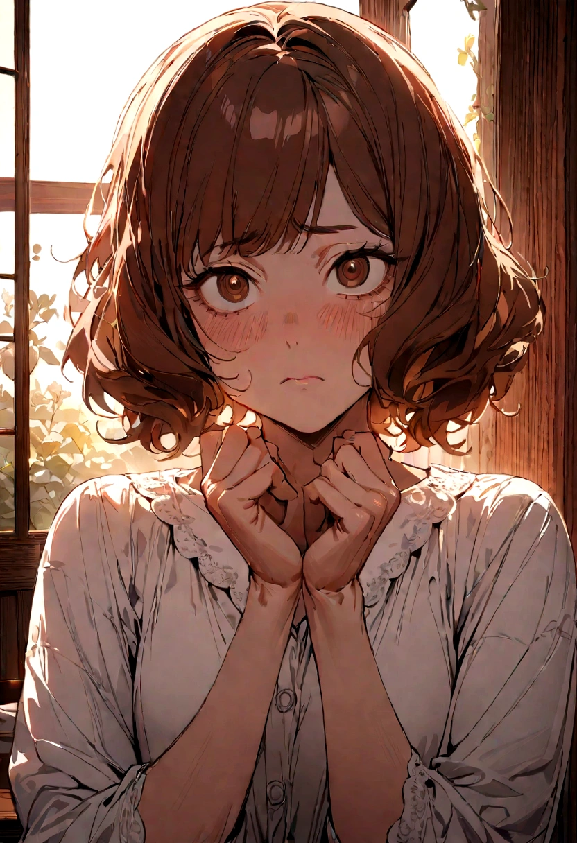 Detailed portrait of a middle-aged woman who looks like an aunt, with long brown hair, stern expression, white bought shirt, (high quality), super detailed, morning, detailed face and hands , expressive eyes, sharp focus, complex wrinkles, frown lines, strong gaze, dignified posture, homely setting, interior scene, natural light