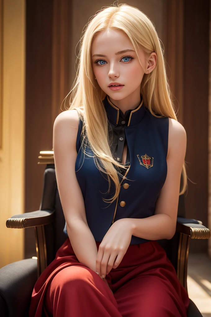 Macro view a beautiful young woman with blonde hair, blue eyes, red mouth with a black vest written Unic in the background golden light sitting on a throne