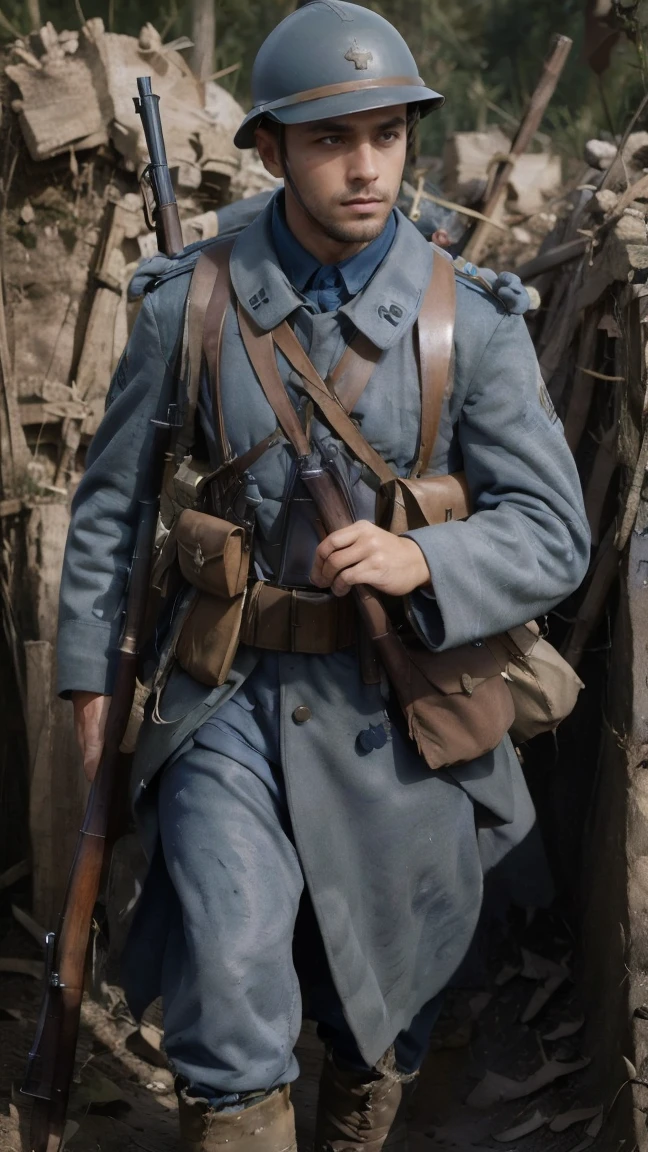 (masterpiece), best quality, expressive eyes, perfect face, All quiet on western Front, man, trenches, dirty, uniform, realistic, HD, Rifle, mas-36, battle, fighting