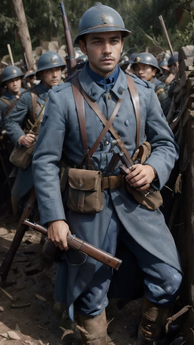 (masterpiece), best quality, expressive eyes, perfect face, All quiet on western Front, man, trenches, dirty, uniform, realistic, HD, Rifle, mas-36, battle, fighting
