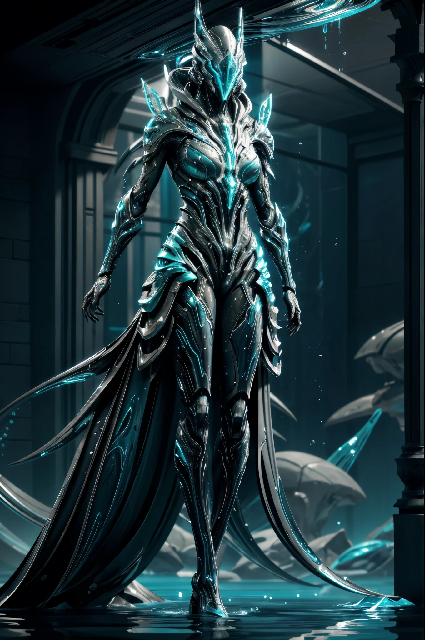 futuristic, Warframe, character design, water-inspired, fluid, sleek, metallic, aquamarine color scheme, rippling textures, biomechanical elements, glowing accents, intricate details, dynamic pose, underwater environment, bubbles, reflections, high-tech, cybernetic, agile, powerful, energy effects, hydrodynamic, ethereal, otherworldly, advanced technology