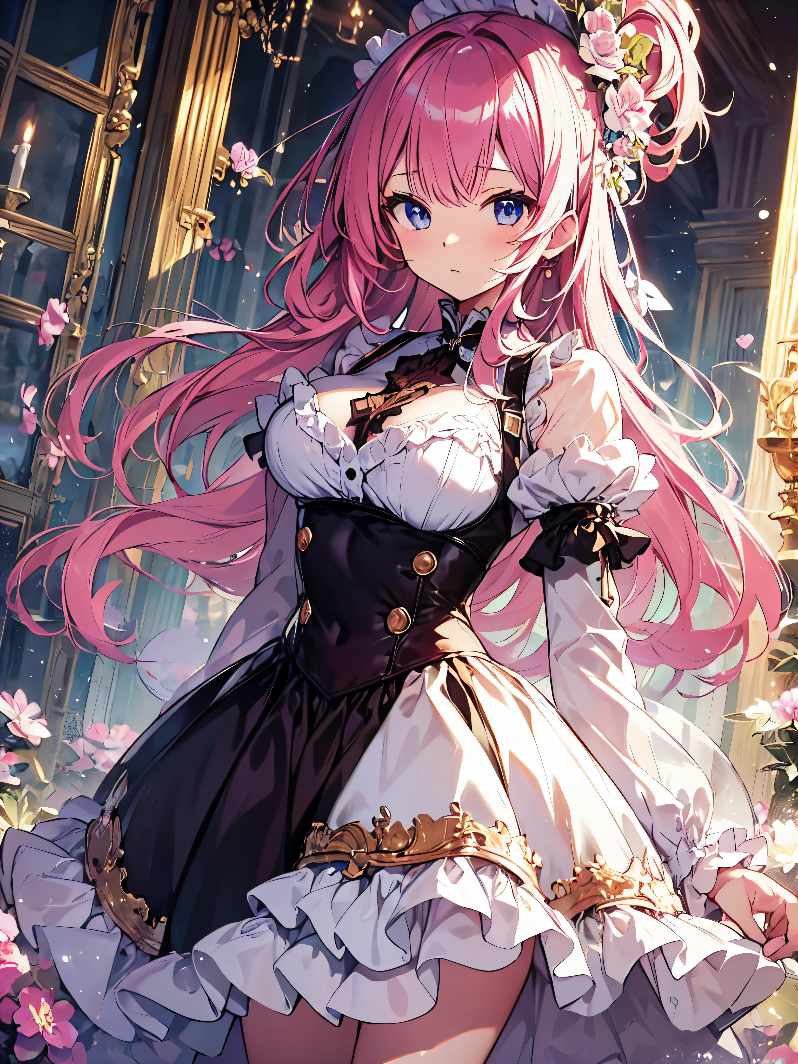 (((Ultra gorgeous  beautiful dress is rococo style bawlgawn with, hoopskirt and long hems))), solo lady is cute and very beautiful, (fluffy ponytail pink hair:1.2:Expressive hair:1.2:very voluminous long hair:1.2), (cowboy shot),  (dutch angle:1.5), (huge breasts), ((masterpiece)), ((ultra detailed)), ((an extremely delicate and beautiful)), (moe anime art style:1.1), 