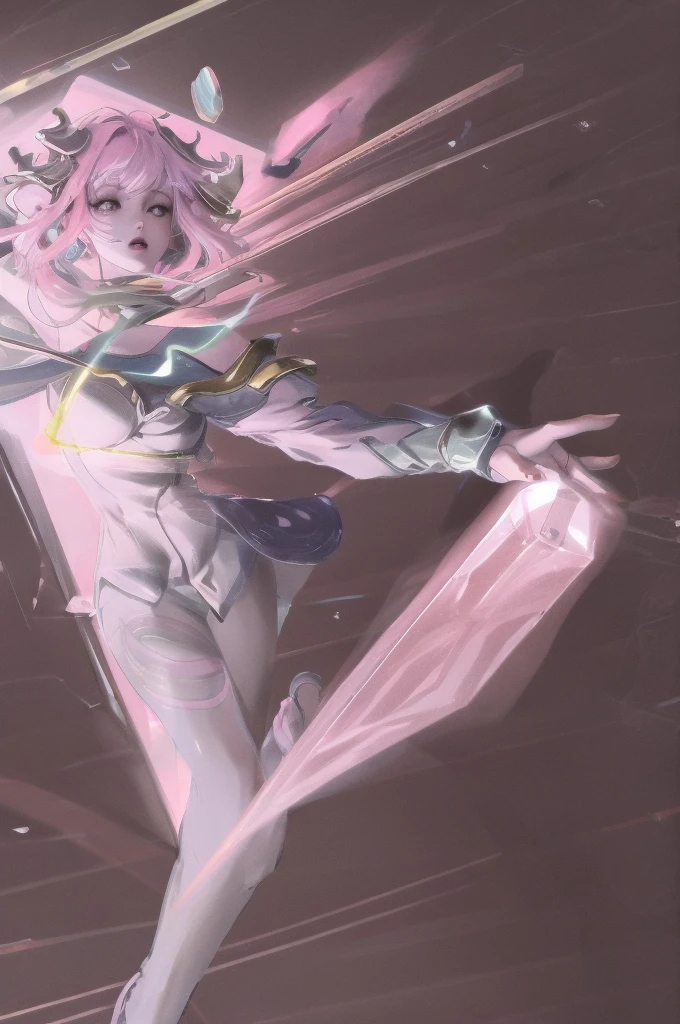 Cyberpunk, Pink Hair, Futurism, Surreal, Ultra wide angle, Wide-angle lens, look up, Dynamic Movement, Expressive, Full of energy, The Sacred Edge, Laser holographic images