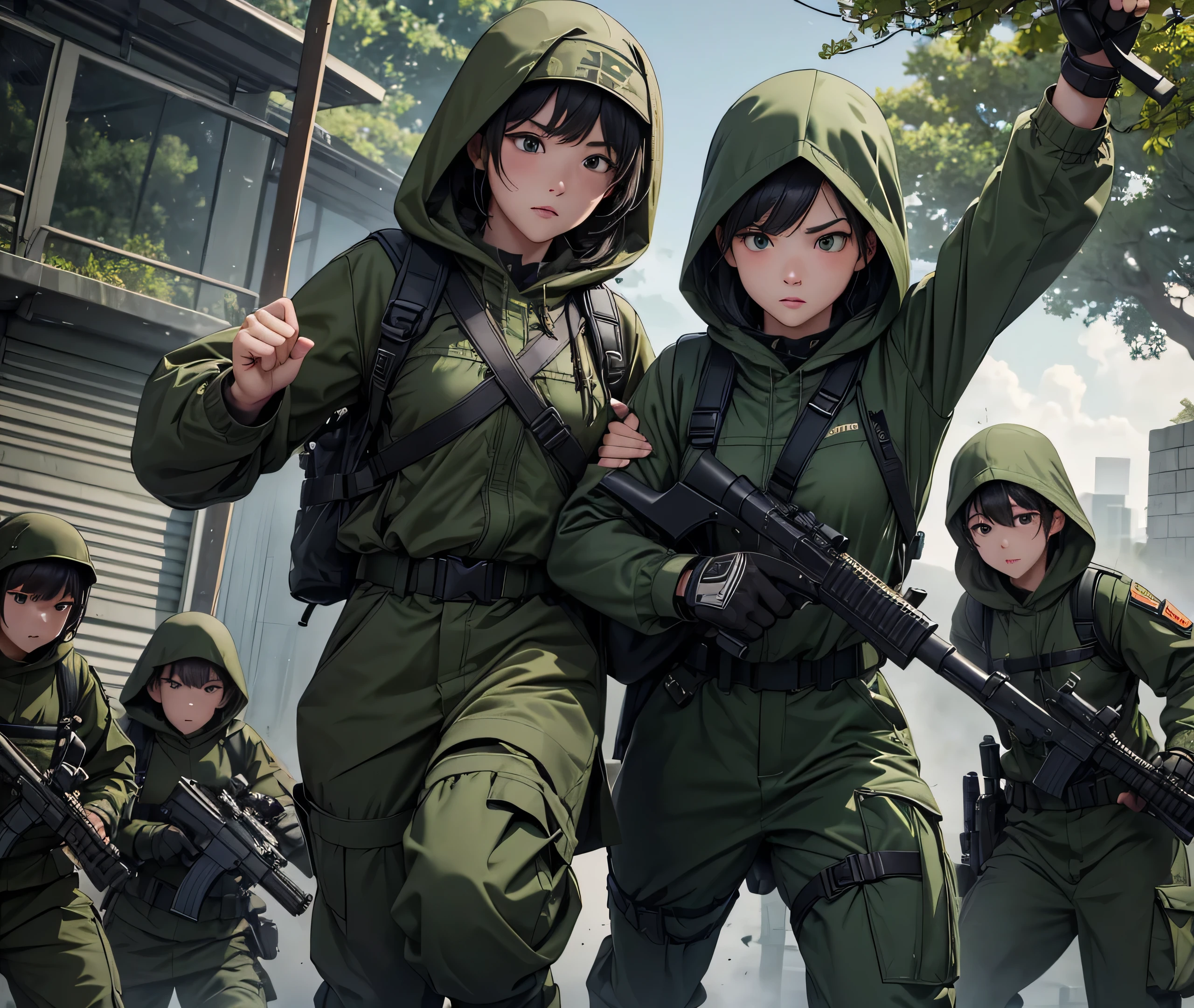 First-person shot、A group of female soldiers with their fists raised、boxing、Hand-to-hand combat、Wearing dark green M-51 hooded military uniform、Hooded on head、Dark green military pants,Wearing a magazine pouch、Tactical harness、Knee pads、best quality、Highly detailed CG、8K picture quality
