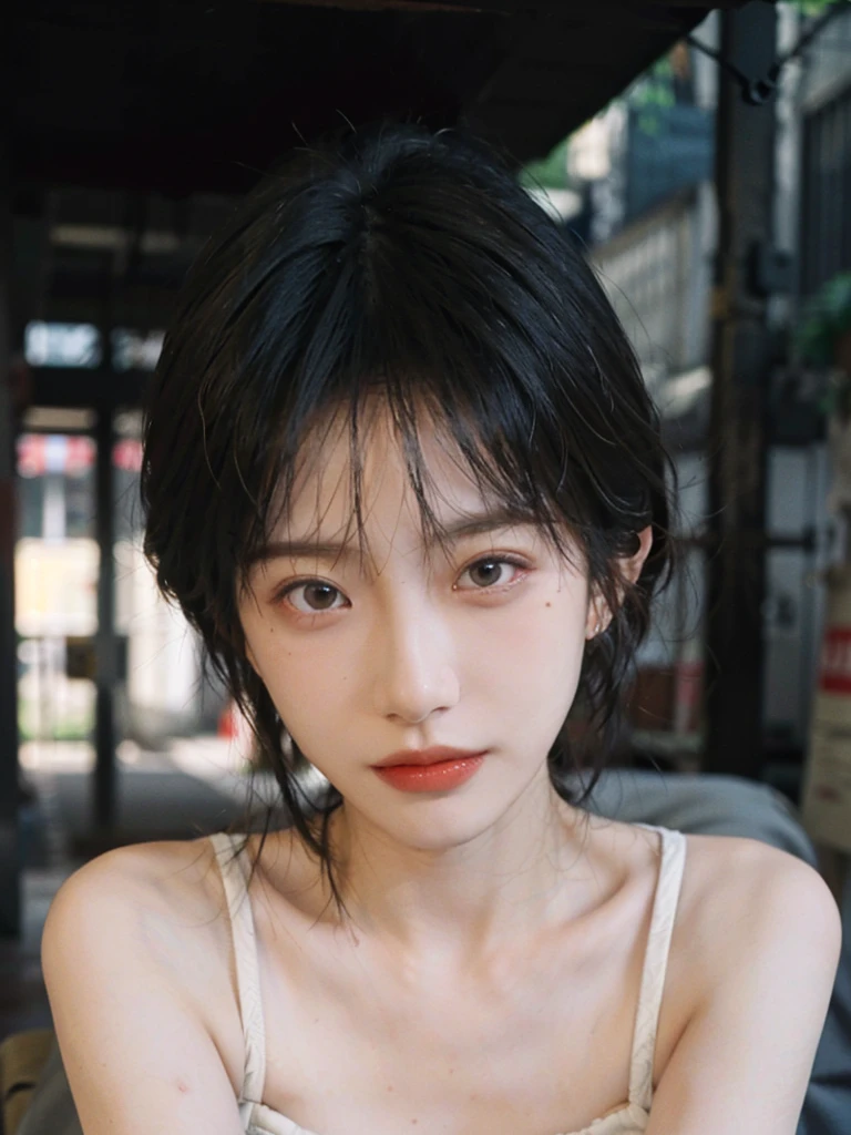 (smooth skin textures:1.3), Lipstick, Upper body,Upper Body,background, earrings, serene, calm, (Dress conservatively:1.6),(Realistic and detailed eyes:1.2), Natural skin texture, Realistic facial details, Soft dramatic lighting, Vivid details, outdoor, (Photo Practical:1.4), (hyper Practical:1.4), (Practical:1.3), (Improve lighting quality:0.9), (Highest quality real skin textures:1.4), (Enhance the beauty of skin texture:1.1), Hair details, model, short hair, Moles under the eyes, Portrait Photography, Depth of Field, Bokeh, Surrealism, Ray Tracing, (Portrait Photography:1.1), Surrealism, High Detail, Chiaroscuro, Ray Tracing, reflected light, Ultra HD, Ultra HD, masterpiece, Textured Skin, Super Detail, High Detail, high quality, best quality