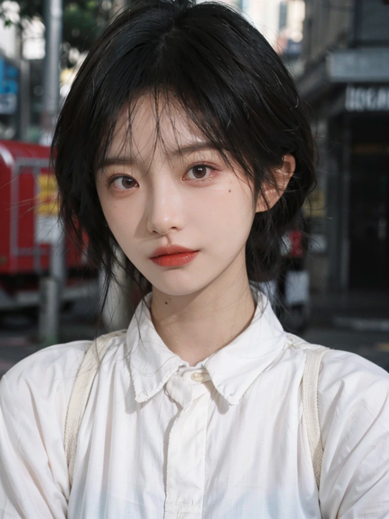 (smooth skin textures:1.3), Lipstick, Upper body，Upper Body，background, earrings, serene, calm, （Dress conservatively：1.6），(Realistic and detailed eyes：1.2）, Natural skin texture, Realistic facial details, Soft dramatic lighting, Vivid details, outdoor, (Photo Practical:1.4), (hyper Practical:1.4), (Practical:1.3), (Improve lighting quality:0.9), (Highest quality real skin textures:1.4), (Enhance the beauty of skin texture:1.1), Hair details, model， short hair, Moles under the eyes, Portrait Photography, Depth of Field, Bokeh, Surrealism, Ray Tracing, (Portrait Photography:1.1), Surrealism, High Detail, Chiaroscuro, Ray Tracing, reflected light, Ultra HD, Ultra HD, masterpiece, Textured Skin, Super Detail, High Detail, high quality, best quality