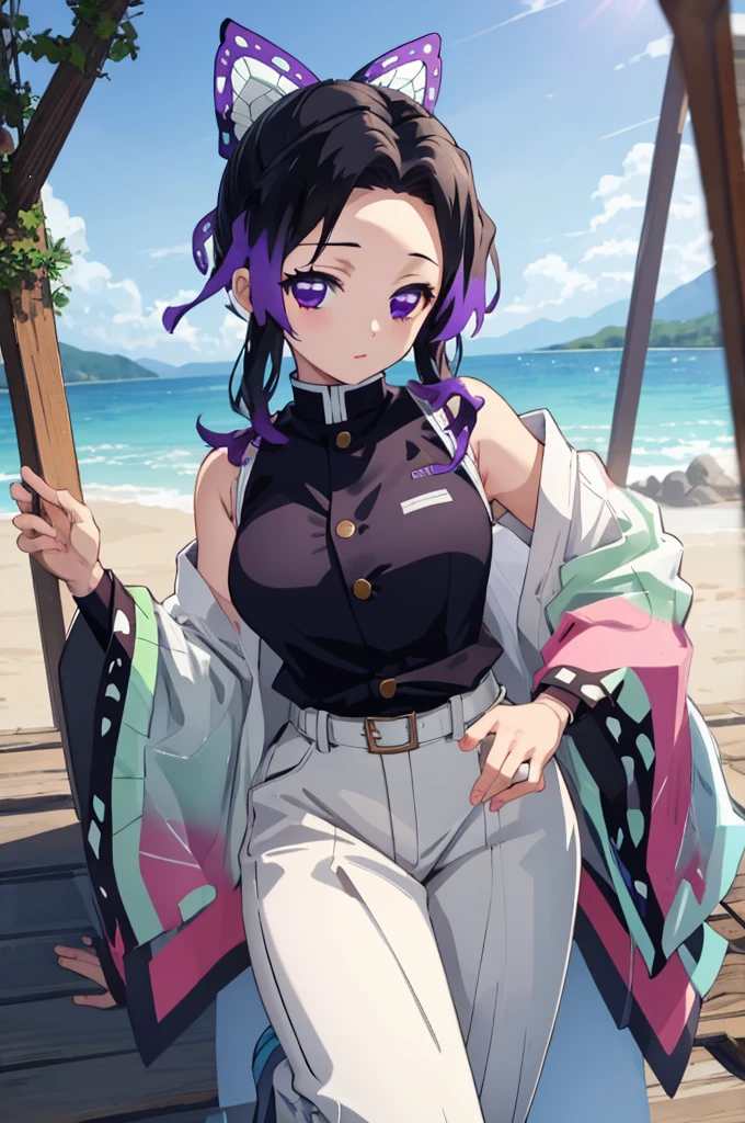 (masterpiece:1.2), (best quality:1.2), (8k, ultra detailed, ultra high res:1.2), ((anime style)), perfect 5 fingers, perfect anatomy, 
1girl,
Shinobu Kochou, 
BREAK long hair, wavy hair,  
black hair, hair intakes, gradient hair, 
purple eyes, bow in hair,
(large breasts:0.9),  
BREAK black shirt, black tethered pants, white haori, looking at viewer, 
BREAK cowboy shot, perfect light, outdoors, forest, 
