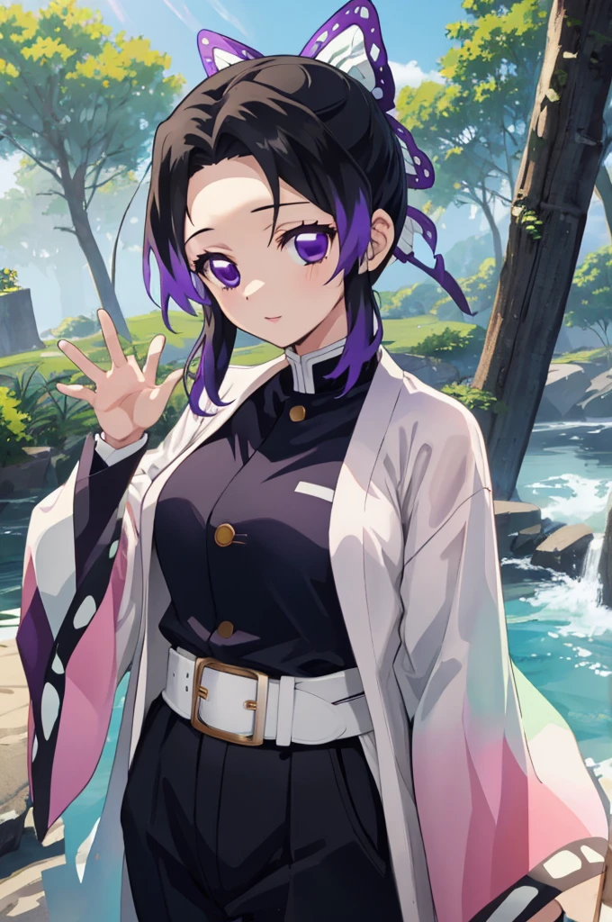 (masterpiece:1.2), (best quality:1.2), (8k, ultra detailed, ultra high res:1.2), ((anime style)), perfect 5 fingers, perfect anatomy, 
1girl,
Shinobu Kochou, 
BREAK long hair, wavy hair,  
black hair, hair intakes, gradient hair, 
purple eyes, bow in hair,
(large breasts:0.9),  
BREAK black shirt, black tethered pants, white haori, looking at viewer, 
BREAK cowboy shot, perfect light, outdoors, forest, 