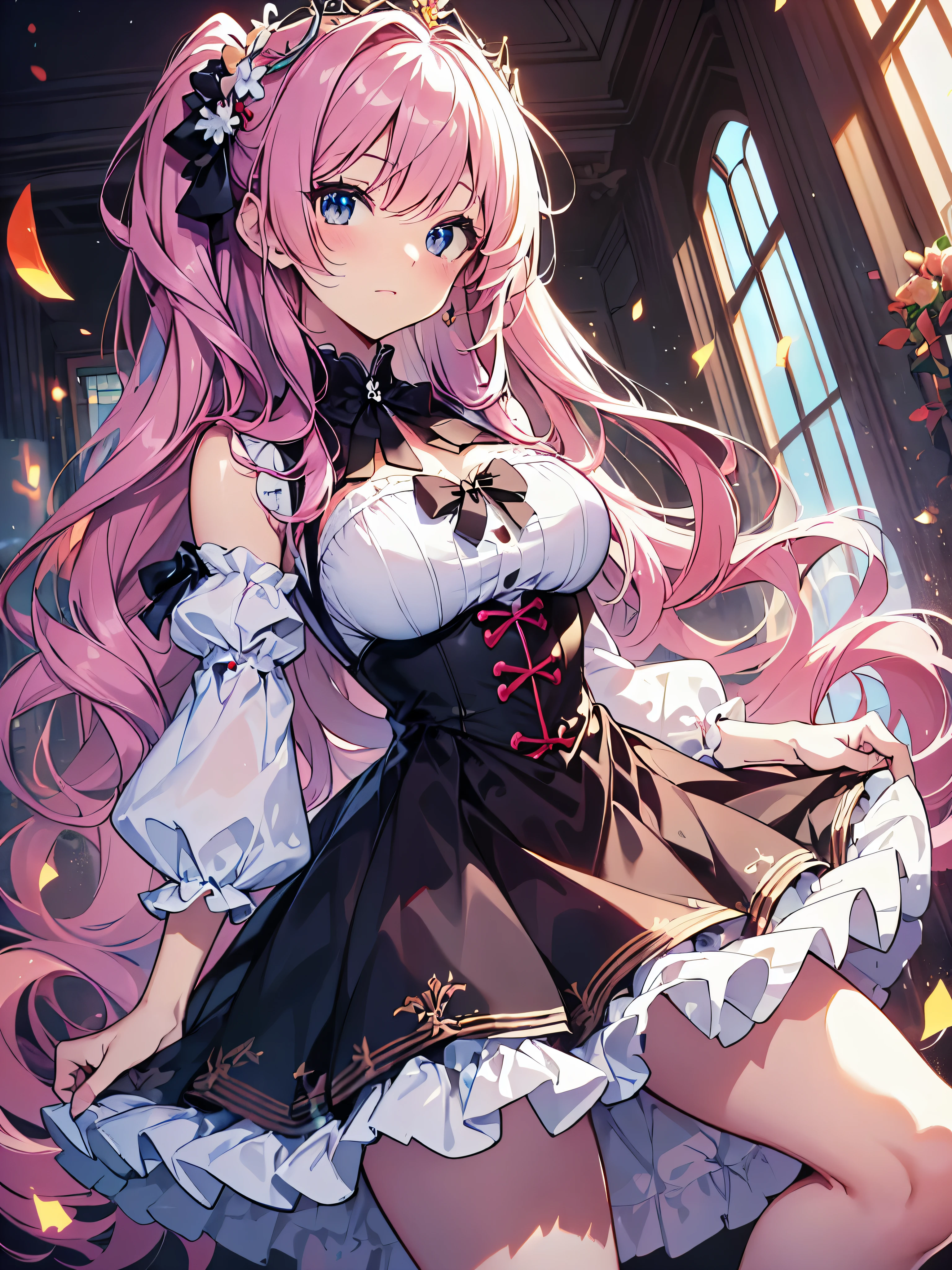 (((Ultra gorgeous  beautiful dress is rococo style bawlgawn with, hoopskirt and long hems))), solo lady is cute and very beautiful, (fluffy ponytail pink hair:1.2:Expressive hair:1.2:very voluminous long hair:1.2), (cowboy shot),  (dutch angle:1.5), (huge breasts), ((masterpiece)), ((ultra detailed)), ((an extremely delicate and beautiful)), (moe anime art style:1.1), 