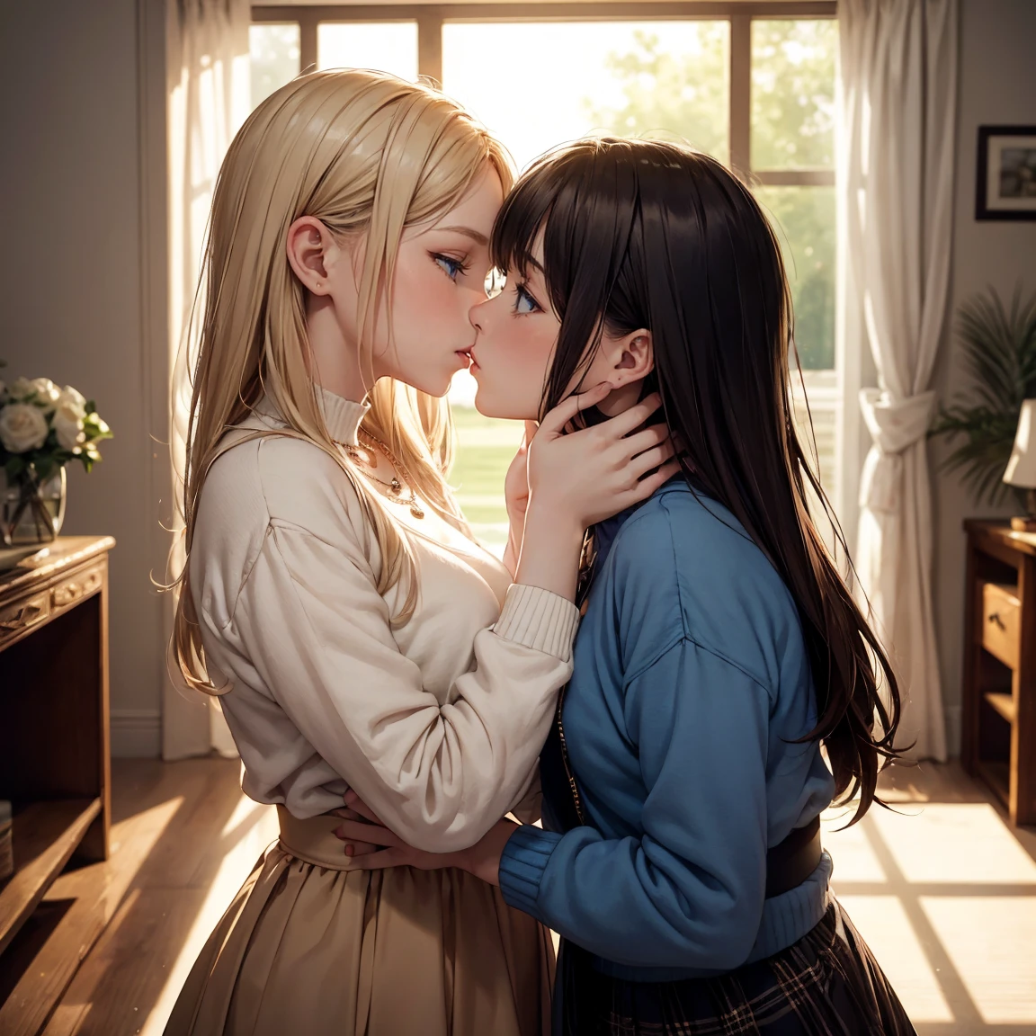 (​masterpiece),(top-quality:1.2),(two girls is deeply in love with each other:1.3), (kiss:1.2), (masuter piece:1.3),exquisitedetails, Highest quality 8K resolution, Ultra-detailed, Realistic, Vibrant colors, Soft tones, With warm and gentle lighting, A woman standing in a room wearing a skirt and sweater,  designed for cozy aesthetics, wide skirt, Styling, With short hair, simple style, Beige, 2 0, Dynamic!!, Cute:2, F / 2 0, Roots and hay coat, lookbook, Vivid), 9, jimin, ( Side ) profile  (Smooth straight blonde hair:1.2),(Hair parted in the middle:1.3),(Glowing hair),(Dark blue eyes:1.3),(Hands close to the face:1.4),White skin, hair clips,Small necklace,A gentle feeling overflows,The sun's rays illuminate joy and pure love, Warm golden glow,The atmosphere is full of happiness and laughter, As if celebrating love,Ultra-detailed depiction and vivid colors,A style that combines romanticism and realism,depth of love,color palettes,Create an ethereal atmosphere like a dream,Lighting is soft and diffused,masterpiece artwork