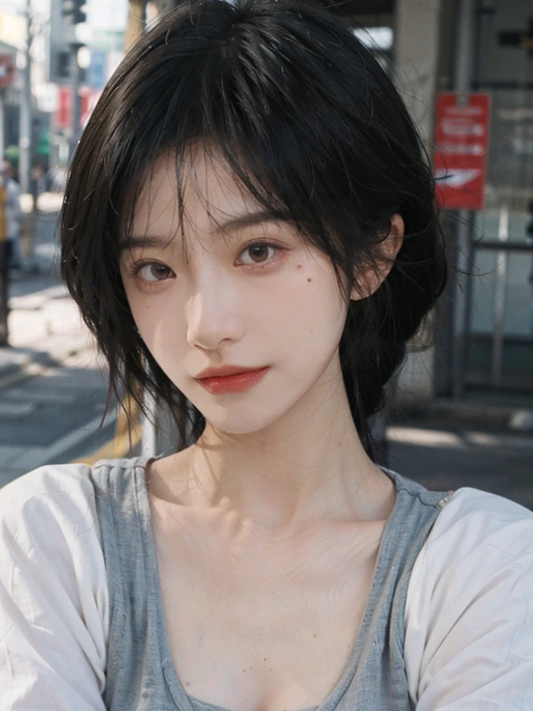(smooth skin textures:1.3), Lipstick, Upper body,Upper Body,background, earrings, serene, calm, (Dress conservatively:1.6),(Realistic and detailed eyes:1.2), Natural skin texture, Realistic facial details, Soft dramatic lighting, Vivid details, outdoor, (Photo Practical:1.4), (hyper Practical:1.4), (Practical:1.3), (Improve lighting quality:0.9), (Highest quality real skin textures:1.4), (Enhance the beauty of skin texture:1.1), Hair details, model, short hair, Moles under the eyes, Portrait Photography, Depth of Field, Bokeh, Surrealism, Ray Tracing, (Portrait Photography:1.1), Surrealism, High Detail, Chiaroscuro, Ray Tracing, reflected light, Ultra HD, Ultra HD, masterpiece, Textured Skin, Super Detail, High Detail, high quality, best quality