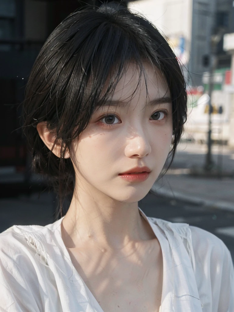 (smooth skin textures:1.3), Lipstick, Upper body，Upper Body，background, earrings, serene, calm, （Dress conservatively：1.6），(Realistic and detailed eyes：1.2）, Natural skin texture, Realistic facial details, Soft dramatic lighting, Vivid details, outdoor, (Photo Practical:1.4), (hyper Practical:1.4), (Practical:1.3), (Improve lighting quality:0.9), (Highest quality real skin textures:1.4), (Enhance the beauty of skin texture:1.1), Hair details, model， short hair, Moles under the eyes, Portrait Photography, Depth of Field, Bokeh, Surrealism, Ray Tracing, (Portrait Photography:1.1), Surrealism, High Detail, Chiaroscuro, Ray Tracing, reflected light, Ultra HD, Ultra HD, masterpiece, Textured Skin, Super Detail, High Detail, high quality, best quality