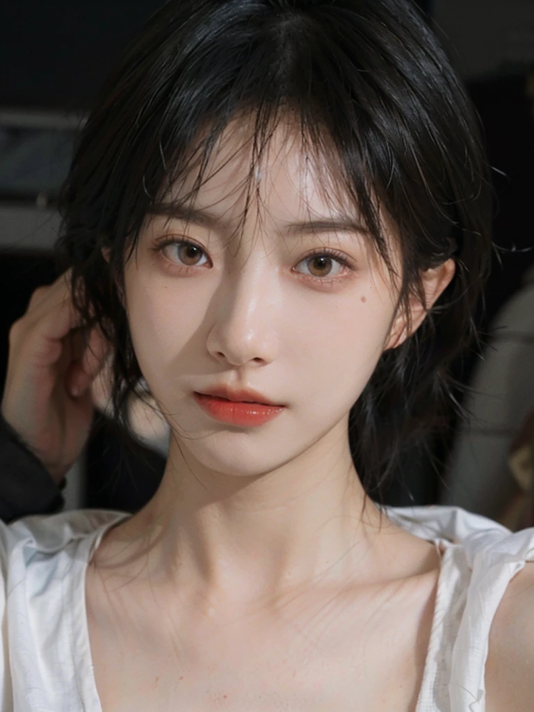 (smooth skin textures:1.3), Lipstick, Upper body，Upper Body，background, earrings, serene, calm, （Dress conservatively：1.6），(Realistic and detailed eyes：1.2）, Natural skin texture, Realistic facial details, Soft dramatic lighting, Vivid details, outdoor, (Photo Practical:1.4), (hyper Practical:1.4), (Practical:1.3), (Improve lighting quality:0.9), (Highest quality real skin textures:1.4), (Enhance the beauty of skin texture:1.1), Hair details, model， short hair, Moles under the eyes, Portrait Photography, Depth of Field, Bokeh, Surrealism, Ray Tracing, (Portrait Photography:1.1), Surrealism, High Detail, Chiaroscuro, Ray Tracing, reflected light, Ultra HD, Ultra HD, masterpiece, Textured Skin, Super Detail, High Detail, high quality, best quality
