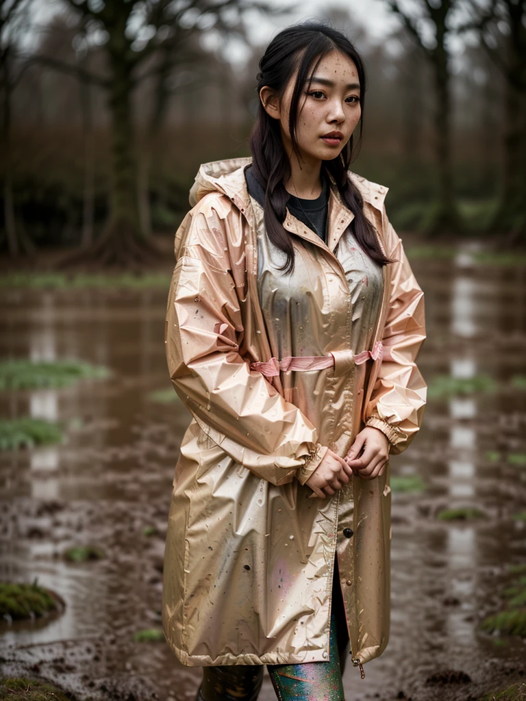 a beautiful young asian woman wearing a pink buttoned raincoat, her clothes and raincoat covered in mud, walking through a muddy field, (best quality,4k,8k,highres,masterpiece:1.2),ultra-detailed,(realistic,photorealistic,photo-realistic:1.37),HDR,UHD,studio lighting,ultra-fine painting,sharp focus,physically-based rendering,extreme detail description,professional,vivid colors,bokeh,portrait,realistic,photographic,natural lighting,muddy environment,rainy day