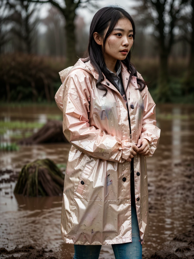 a beautiful young asian woman wearing a pink buttoned raincoat, her clothes and raincoat covered in mud, walking through a muddy field, (best quality,4k,8k,highres,masterpiece:1.2),ultra-detailed,(realistic,photorealistic,photo-realistic:1.37),HDR,UHD,studio lighting,ultra-fine painting,sharp focus,physically-based rendering,extreme detail description,professional,vivid colors,bokeh,portrait,realistic,photographic,natural lighting,muddy environment,rainy day