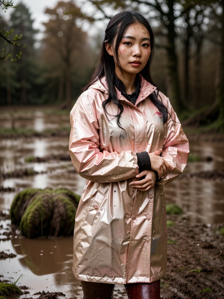 a beautiful young asian woman wearing a pink buttoned raincoat, her clothes and raincoat covered in mud, walking through a muddy field, (best quality,4k,8k,highres,masterpiece:1.2),ultra-detailed,(realistic,photorealistic,photo-realistic:1.37),HDR,UHD,studio lighting,ultra-fine painting,sharp focus,physically-based rendering,extreme detail description,professional,vivid colors,bokeh,portrait,realistic,photographic,natural lighting,muddy environment,rainy day