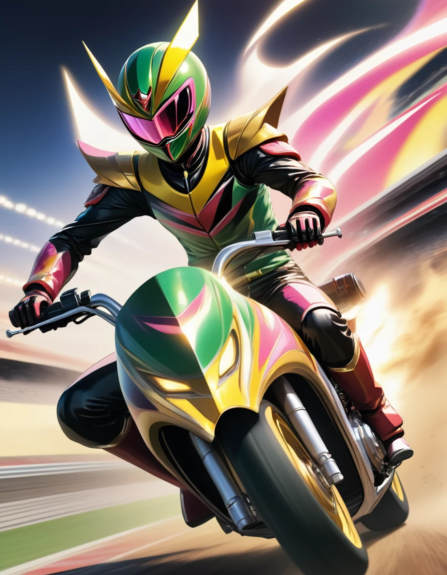(A Kamen Rider driving at full speed on a race track:1.3), 1boy, hull, biker suit, Yellow and pink motorcycle, anime screepcap, side view, (masterpiece:1.1), (best quality:1.1), (high detail:1.1), (vivid colors:1.1)