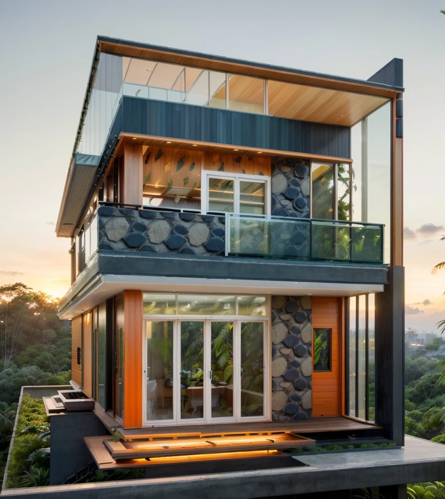 Exterior contemporary house in the sunrise, (halfway up the tropical hill), cladding stone mix with nature wood material, glass rail, plants on balcony, glasses window, nice landscape with tropical trees and plants, green grass, navy blue and orange color scheme.