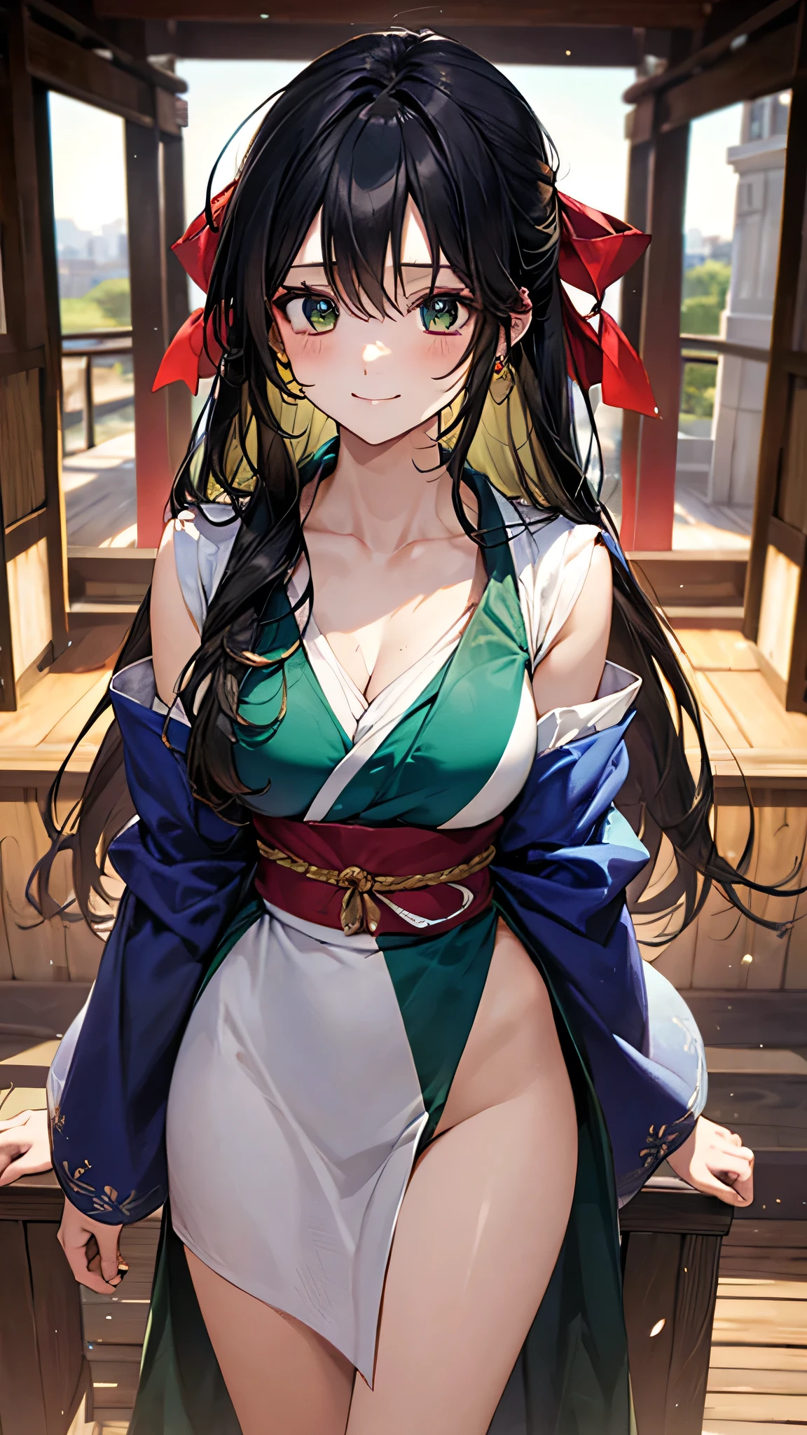 ((Highest quality)), ((High resolution)), ((masterpiece)), (detailed), (photograph),
View your viewers, Cowboy Shot, Written boundary depth, Anatomically correct, 1Directly mature women, Perfect Face, Cute and symmetrical face, Shiny skin,
(Long Hair, Black Hair), Hair between the eyes, Green Eyes, Long eyelashes, (Big Breasts:0.8),
Beautiful Hair, Beautiful Face, Beautiful details, Beautiful clavicle, Beautiful body, Beautiful breasts, Beautiful thighs, Beautiful legs,
(Shining Shrine Maiden Outfit),
(Beautiful views), evening, shrine, fair, summer, (Cute Smile),