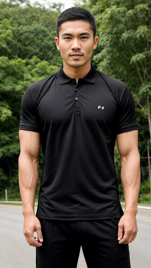 Thai man ,man，He is about 30 years old.，Rough and handsome appearance，Big muscles，large pectoral muscles，(black polo shirt park:1.3)，Big waistline，chest hair，sitting on the roadside，Wearing the tongs，buzz cut, angry, sullen, best quality, Masterpiece，(outdoor background road :1.5)，（Have muscles：4.5），（fat：1.5），（gray hair：1.5 ），（gray body hair：1.5），（skin wrinkles：1.5），（shine on the skin：1.5），