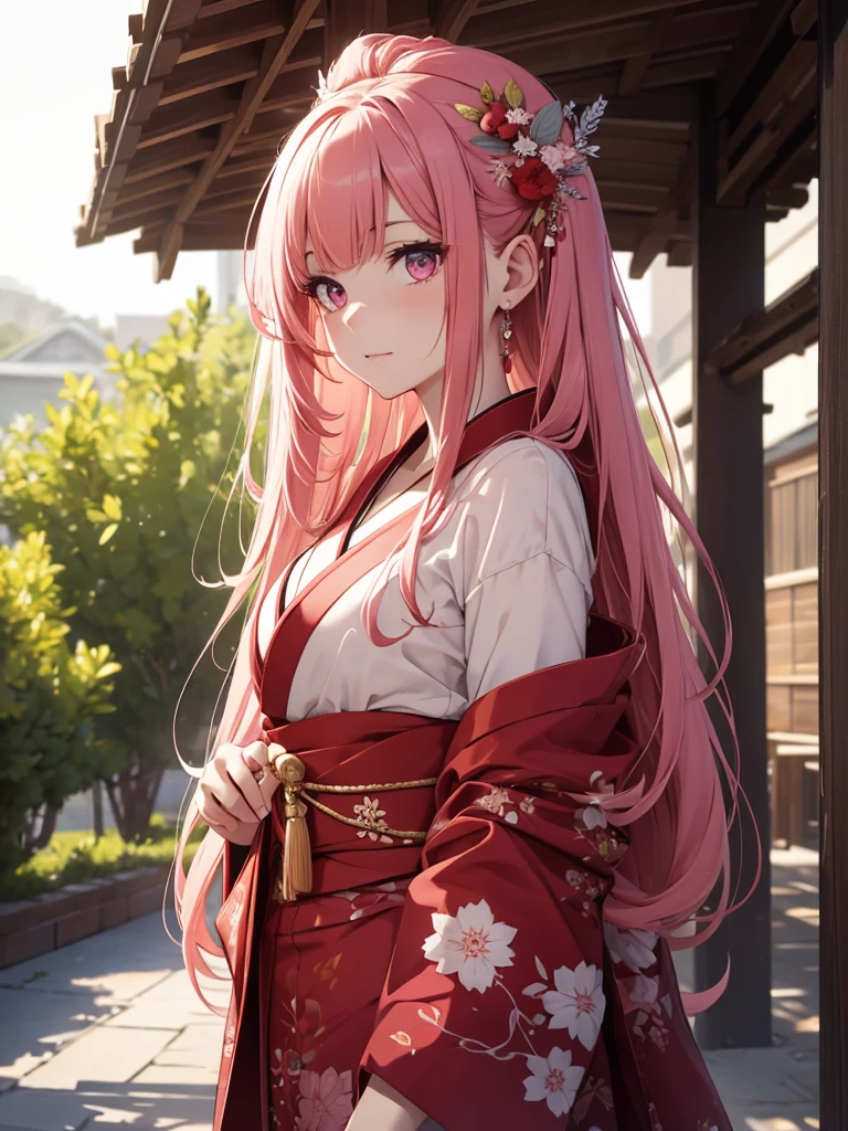 (8K, Best Quality, Masterpiece, Ultra High Resolution) 1 Girl, Beautiful Eyes, Face Details, Long Red Hair, Tied Up Hair, Pink Eyes, Pale Skin, Wearing Red Kimono, Pink Details, Standing Outside, Best Quality, Upper Body, Looking at the Viewer, Facing Viewer, Close Up