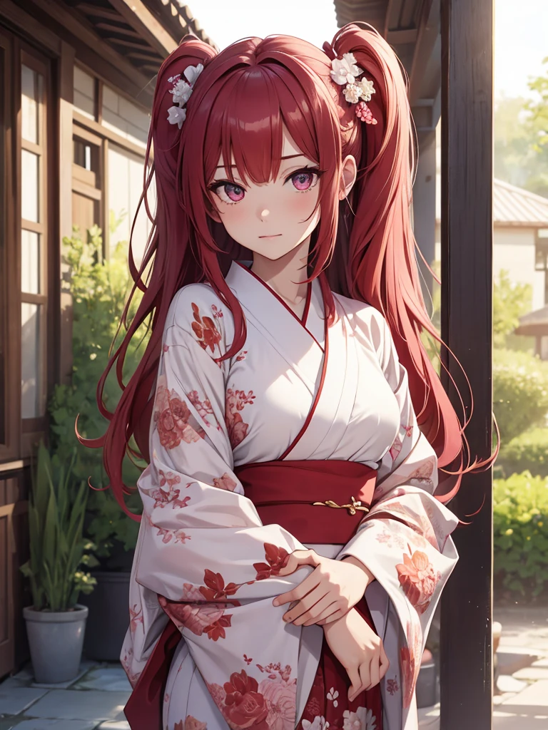 (8K, Best Quality, Masterpiece, Ultra High Resolution) 1 Girl, Beautiful Eyes, Face Details, Long Red Hair, Tied Up Hair, Pink Eyes, Pale Skin, Wearing Red Kimono, Pink Details, Standing Outside, Best Quality, Upper Body, Looking at the Viewer, Facing Viewer, Close Up
