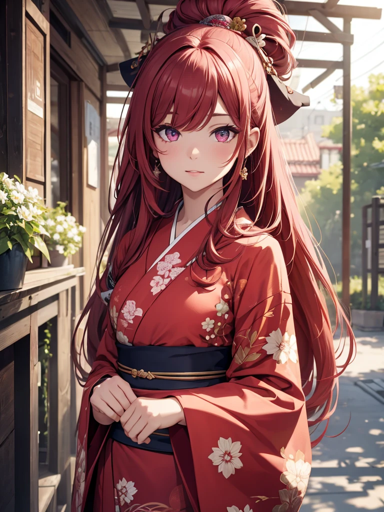 (8K, Best Quality, Masterpiece, Ultra High Resolution) 1 Girl, Beautiful Eyes, Face Details, Long Red Hair, Tied Up Hair, Pink Eyes, Pale Skin, Wearing Red Kimono, Pink Details, Standing Outside, Best Quality, Upper Body, Looking at the Viewer, Facing Viewer, Close Up