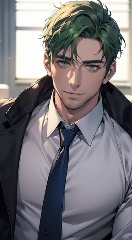 (best quality,4k,8k,highres,masterpiece:1.2),ultra-detailed,(realistic,photorealistic,photo-realistic:1.37),1 man,31 years old,mature man,very handsome,without expression,smile,short green hair,blue eyes,penetrating gaze,perfect face without errors,imposing posture,businessman,office background,cinematic lighting,hdr image