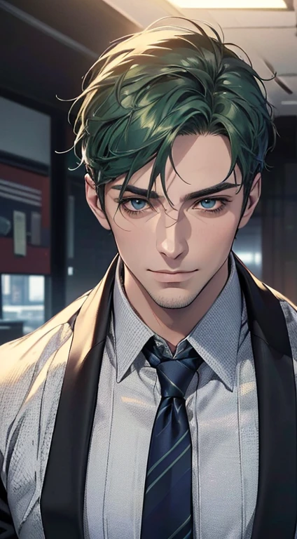 (best quality,4k,8k,highres,masterpiece:1.2),ultra-detailed,(realistic,photorealistic,photo-realistic:1.37),1 man,31 years old,mature man,very handsome,without expression,smile,short green hair,blue eyes,penetrating gaze,perfect face without errors,imposing posture,businessman,office background,cinematic lighting,hdr image