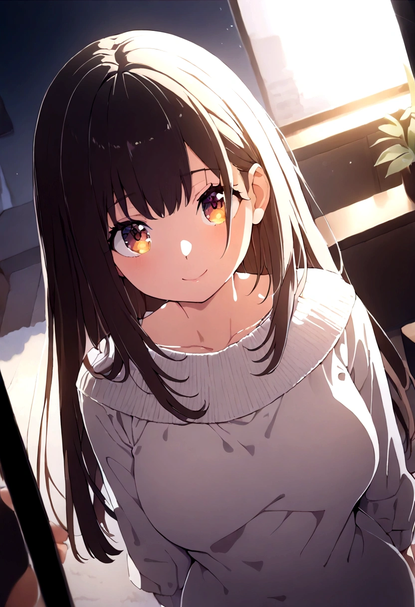 ((1girl)),  super fine illustration, vibrant colors, absurdres extremely detailed CG, 8k wallpaper, (masterpiece:1.3), dynamic angle, dynamic pose, 
best quality, depth of field, cinematic lighting, ultra detailed, brown long hair, very straight hair, large breast, white knit dress , 20yo, cute, kawaii, smile, droopy eyes, arms at sides, smartphone, modern living room, Showing the screen of the smartphone to you