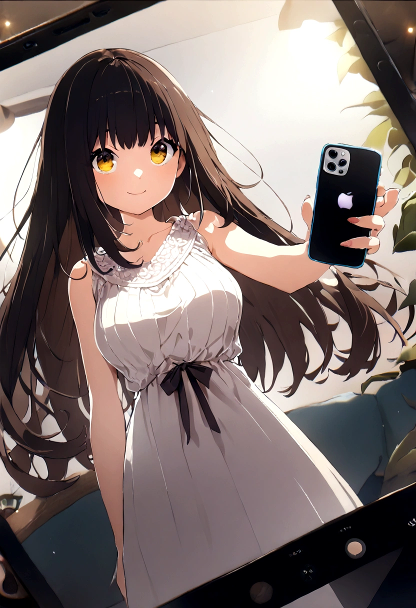 ((1girl)),  super fine illustration, vibrant colors, absurdres extremely detailed CG, 8k wallpaper, (masterpiece:1.3), dynamic angle, dynamic pose, 
best quality, depth of field, cinematic lighting, ultra detailed, brown long hair, very straight hair, large breast, white knit dress , 20yo, cute, kawaii, smile, droopy eyes, arms at sides, smartphone, modern living room, Showing the screen of the smartphone to you