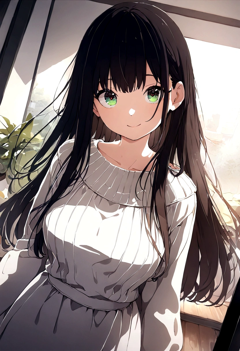 ((1girl)),  super fine illustration, vibrant colors, absurdres extremely detailed CG, 8k wallpaper, (masterpiece:1.3), dynamic angle, dynamic pose, 
best quality, depth of field, cinematic lighting, ultra detailed, brown long hair, very straight hair, large breast, white knit dress , 20yo, cute, kawaii, smile, droopy eyes, arms at sides, smartphone, modern living room, Showing the screen of the smartphone to you