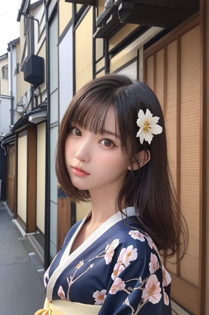 one girl, (a beauty girl, delicate girl:1.3), (16 years old, change:1.3),
break, (Long-sleeved kimono, Flower pattern kimono:1.3),
break, Very fine grain definition, (Symmetrical eyes:1.3),
break, (alley, In Kyoto:1.3), perfectly trimmed fingers,
break, Small breasts, Brown eyes, Parted bangs, Brown Hair, girl,
break, (Eye and facial details:1.0),
break, (masterpiece, Highest quality, Super detailed, Detailed face, 8K)