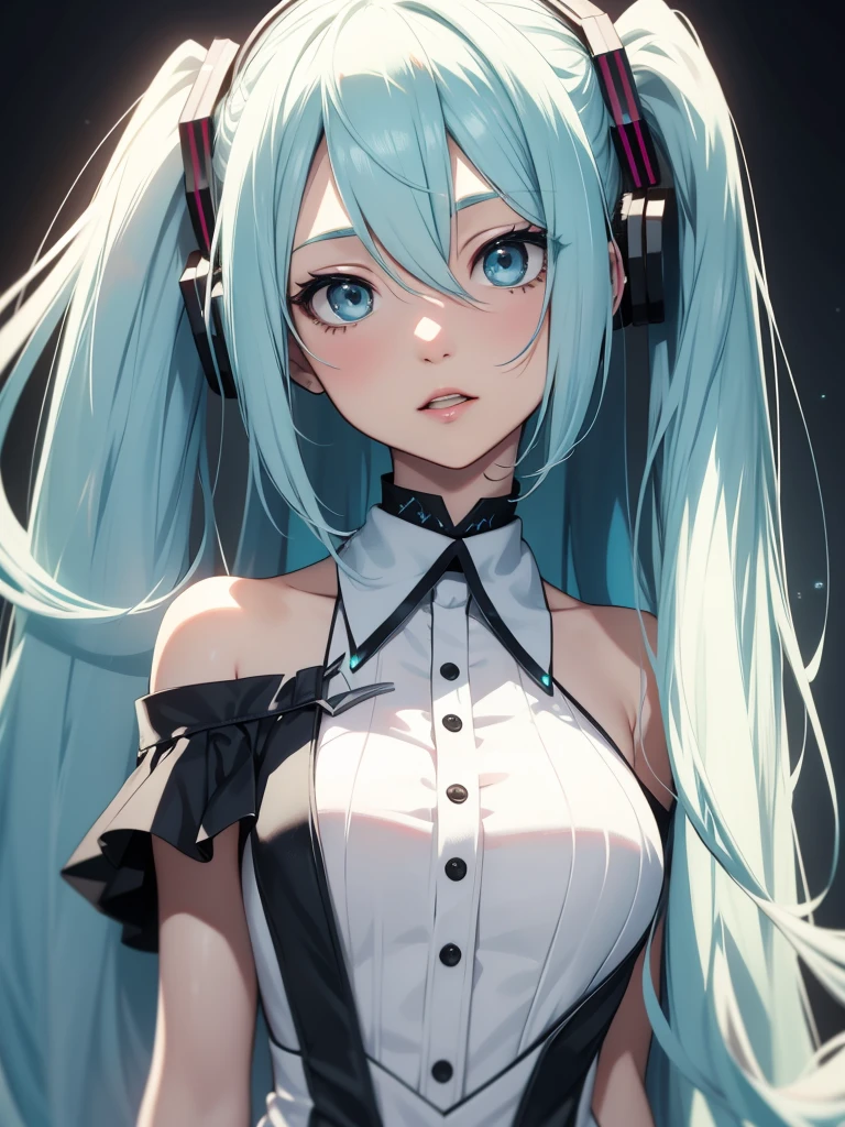 hatsune miku with white hair, focus on the mouth