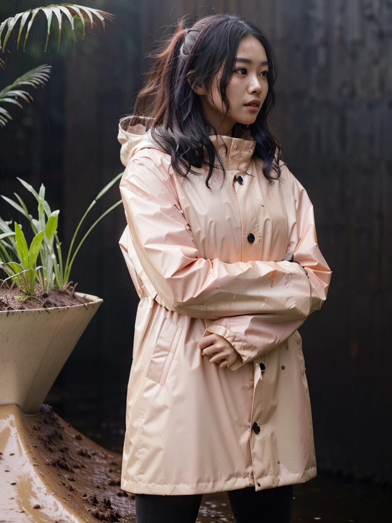 a beautiful young asian woman wearing a pink buttoned raincoat, her clothes and raincoat covered in mud, walking through a muddy field, (best quality,4k,8k,highres,masterpiece:1.2),ultra-detailed,(realistic,photorealistic,photo-realistic:1.37),HDR,UHD,studio lighting,ultra-fine painting,sharp focus,physically-based rendering,extreme detail description,professional,vivid colors,bokeh,portrait,realistic,photographic,natural lighting,muddy environment,rainy day