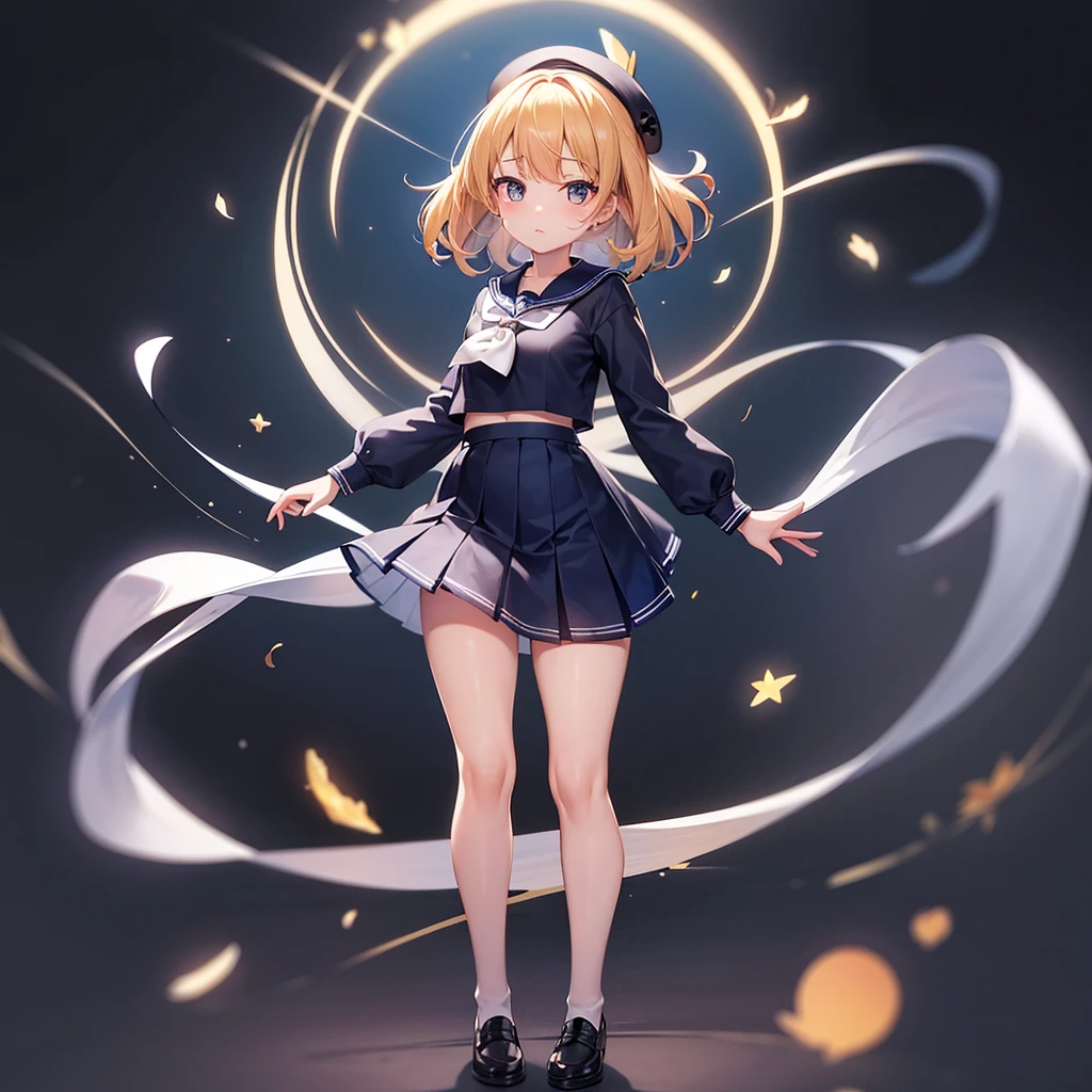 (Sailor suit),(((Navy Mini Skirt))),((Revealing clothing)),beret,,Cute little ,Tiny ,Small girl,,Childish face, Very fine clean face,Top quality, Big eyes,Straight Hair,Yellow hair,Crimson Eye,(Dark Room), Subtle light, Natural light,Soft lighting,Light from directly behind, (Are standing), Cute pose, (Open your hands), Showing the whole body,Front view,Black background